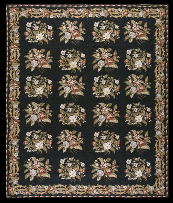 Dark field rug with repeating floral bouquets in white, rust, and mauve, framed by a scrolled border.