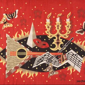 Abstract red textile displaying a geometric composition of a guitar, sheet music, a candelabra, and moths.