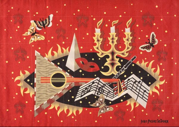 Abstract red textile displaying a geometric composition of a guitar, sheet music, a candelabra, and moths.