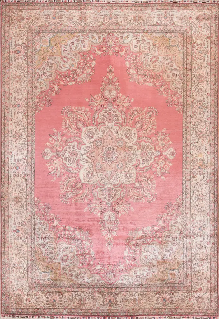 Vintage Mid Century Room Size Coral Turkish Silk Kayseri Rug