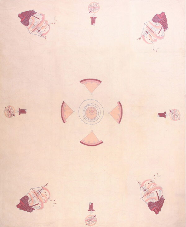 Light pink low-pile rug with a symmetrical pattern of rose ships and compass motifs.