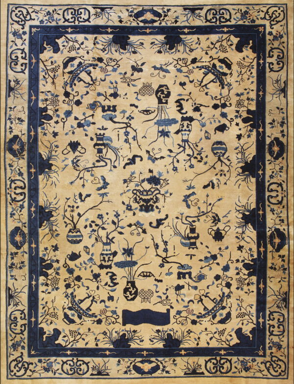 Rectangular rug featuring a beige field, detailed blue botanical motifs, and multiple vases within a wide navy border.