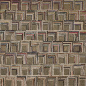 Muted green and multicolor rug with a repeating high-texture, interlocking square geometric pattern.