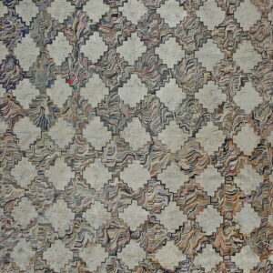 Dense, multicolored textured rug featuring a repeating lattice pattern of light beige diamonds and stepped geometric motifs.