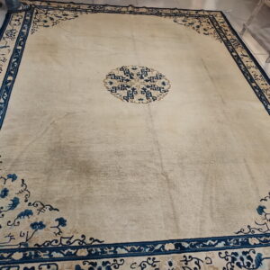 Large beige low-pile rug with dark blue floral borders and a central geometric medallion on light tiled flooring.