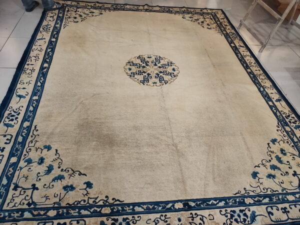 Large beige low-pile rug with dark blue floral borders and a central geometric medallion on light tiled flooring.