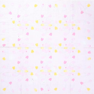 A quilted white rug features scattered bright pink and yellow tulip shapes with visible surface stitch texture.