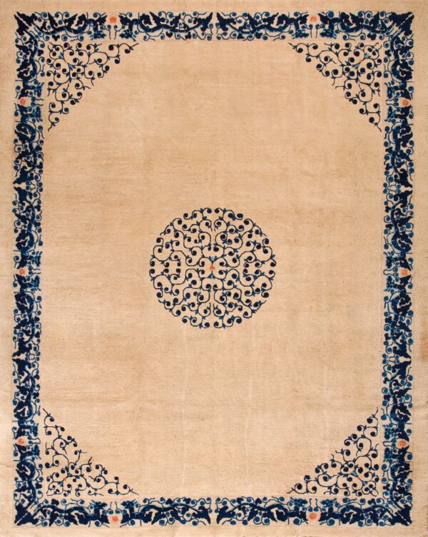 Wool chinese - peking ivory rectangle knotted antique 1890s room size rug