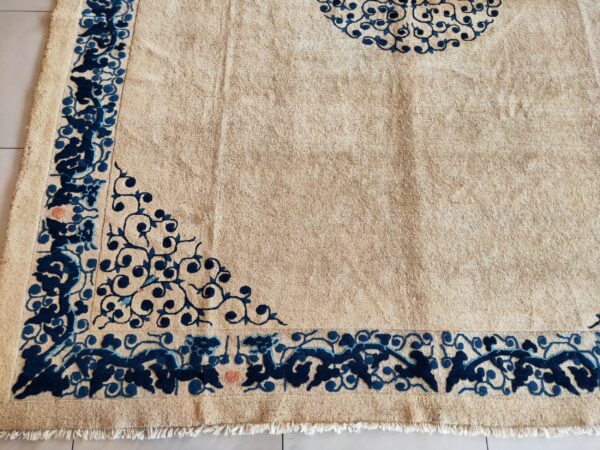 Wool chinese - peking ivory rectangle knotted antique 1890s room size rug - image 2