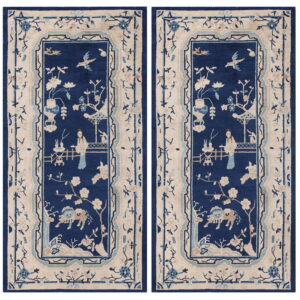Matching pair of navy blue and beige runner rugs with a detailed figural and floral pattern.