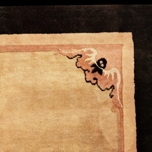 Close-up of a plush tan rug corner bordered by rose bands and a stylized black pattern.