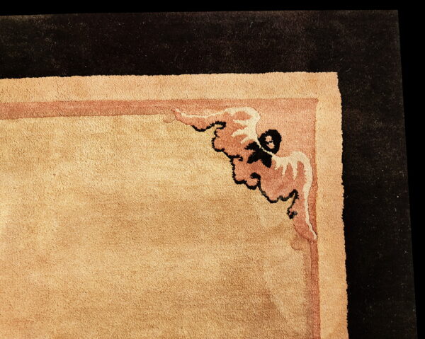 Close-up of a plush tan rug corner bordered by rose bands and a stylized black pattern.