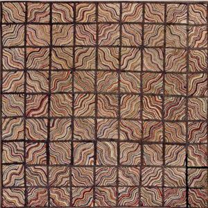 Multicolored, high-texture rug featuring a dark grid pattern of squares filled with wavy, concentric lines in earthy tones.