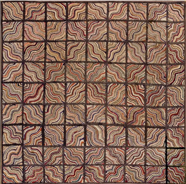 Multicolored, high-texture rug featuring a dark grid pattern of squares filled with wavy, concentric lines in earthy tones.