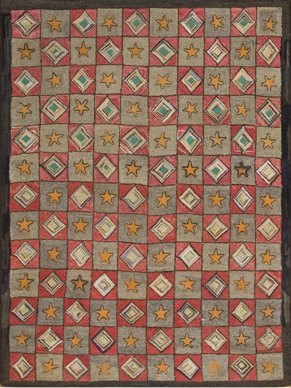 Checkerboard rug in dusty rose and gray features orange stars and multicolored concentric diamonds, surrounded by a dark border.