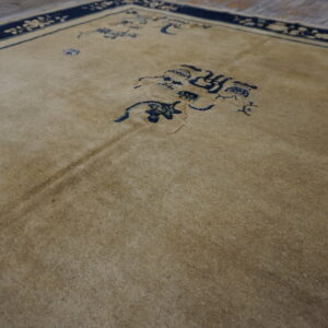 Beige rug with a central blue stylized pattern and dark border rests on rustic wood planks.