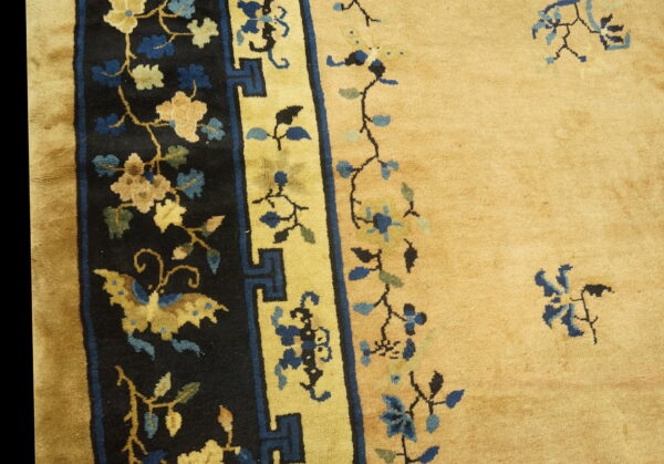 Tan rug with borders featuring black, gold, and blue floral and geometric patterns in close-up detail.