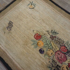 Shaggy beige rug featuring a colorful fruit and floral pattern, bordered in shades of brown, on wood floors.