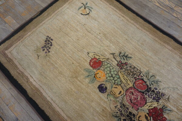 Shaggy beige rug featuring a colorful fruit and floral pattern, bordered in shades of brown, on wood floors.