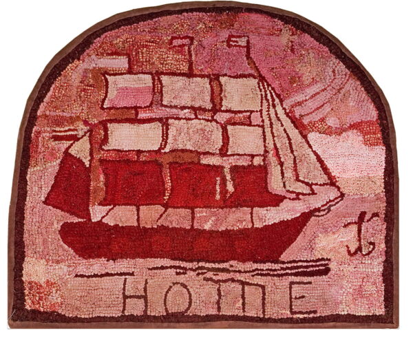 Rustic hooked rug depicting a red ship, an anchor, and the word home in pinks and creams.