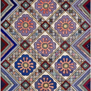Multicolored hooked rug featuring geometric diamonds, stylized purple and blue flowers, and zigzag borders.