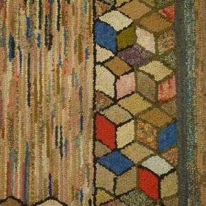 A multicolor, highly textured rug featuring vertical rag strips and an elaborate tumbling block border design.