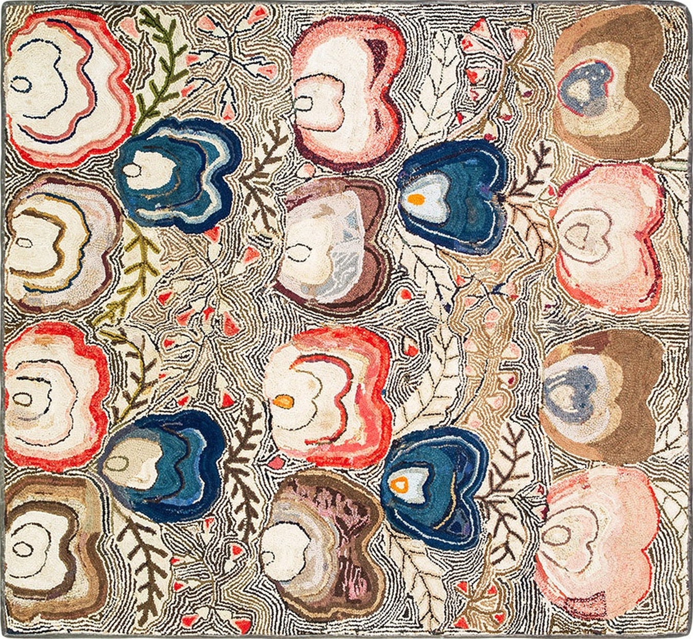 Antique 1880s american hooked wool rug displaying vibrant multicolor floral patterns and jewel tones - by rugs on net