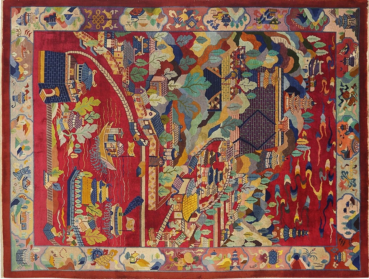 Antique chinese art deco room size rug features coral wool, a knotted structure, and simple geometric patterns - by rugs on net