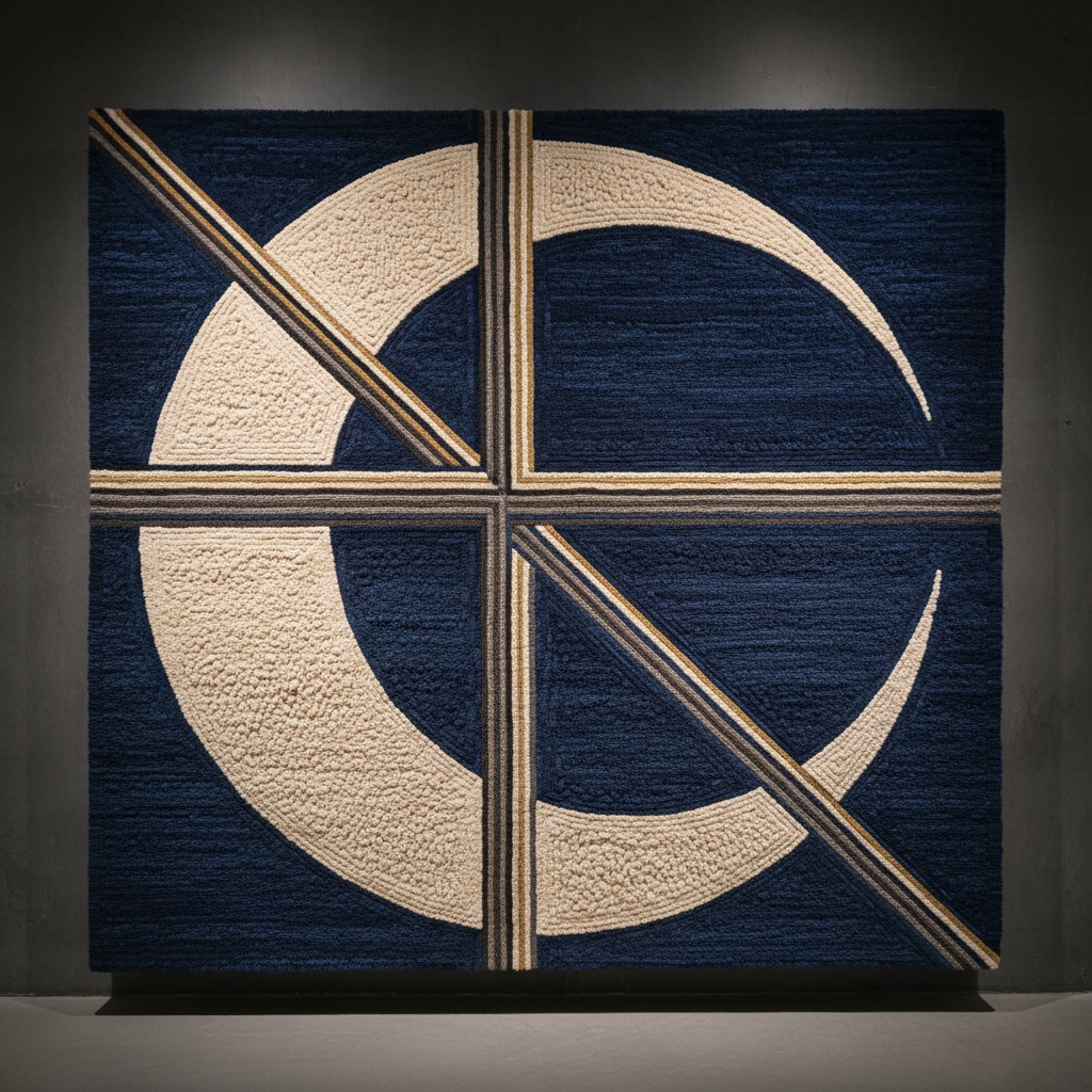 Dark blue rug with large, textured cream crescent shapes intersected by geometric lines – by rugs on net