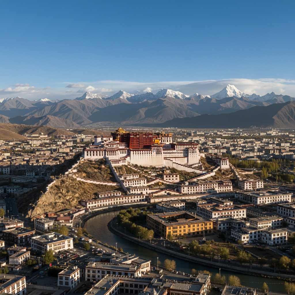 A large white and red palace structure sits on a hill overlooking a dense city and distant snow-capped mountains – by rugs on net