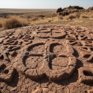 Close-up of ancient, weathered red rock surface carved with repeating circular and geometric patterns in a dry landscape – by rugs on net