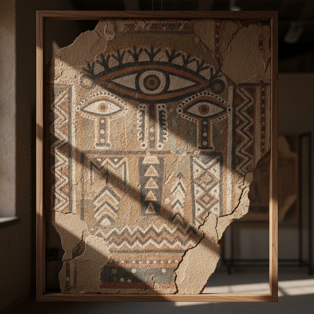 Fragment of ancient textured wall art featuring large and small stylized eyes and geometric patterns – by rugs on net