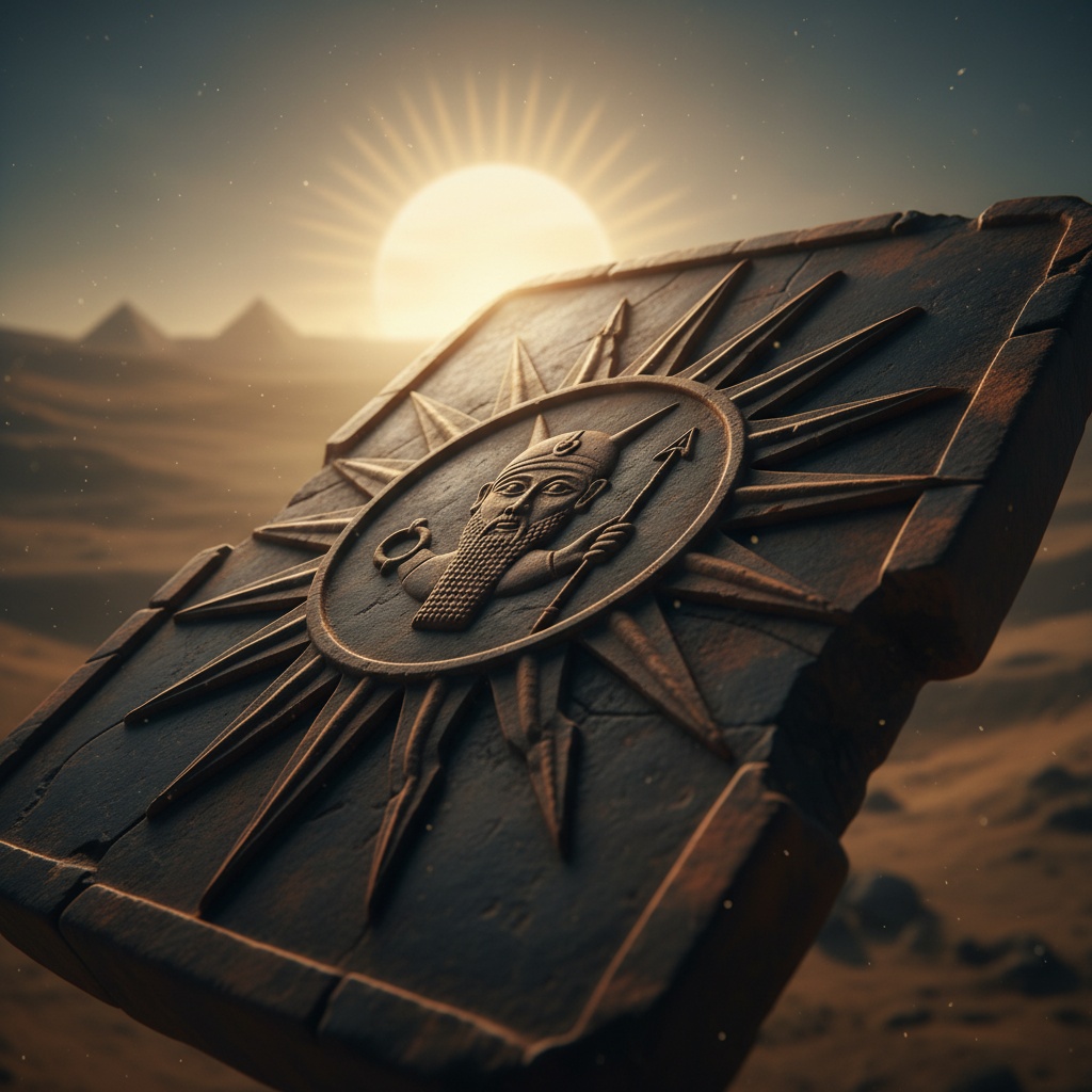 Ancient, dark, square relief carving featuring a central medallion with a bearded figure against a bright sun – by rugs on net