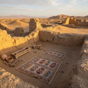 Two patterned woven rugs laid out on sand inside ancient mud brick ruins in a desert landscape – by rugs on net