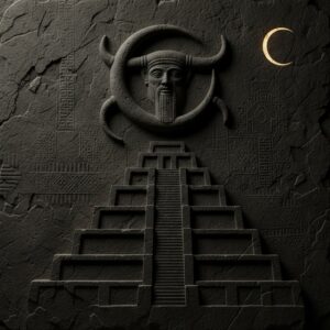 Dark stone relief carving featuring a stepped pyramid, a carved face with a beard and horns set within a crescent shape, and a small golden crescent moon – by rugs on net