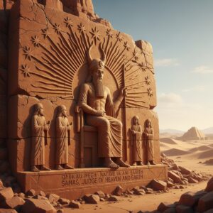 Stone carving of a seated horned figure under a radiating sunburst with stars and standing figures – by rugs on net