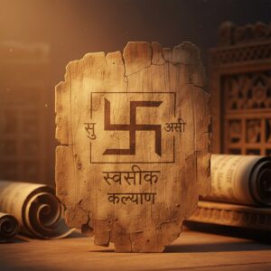 Close-up of a cracked, aged material featuring an ancient right-facing swastika symbol and devanagari script ('सु', 'असी', 'स्वस्तिक कल्याण'). Rolled scrolls are visible in the background – by rugs on net