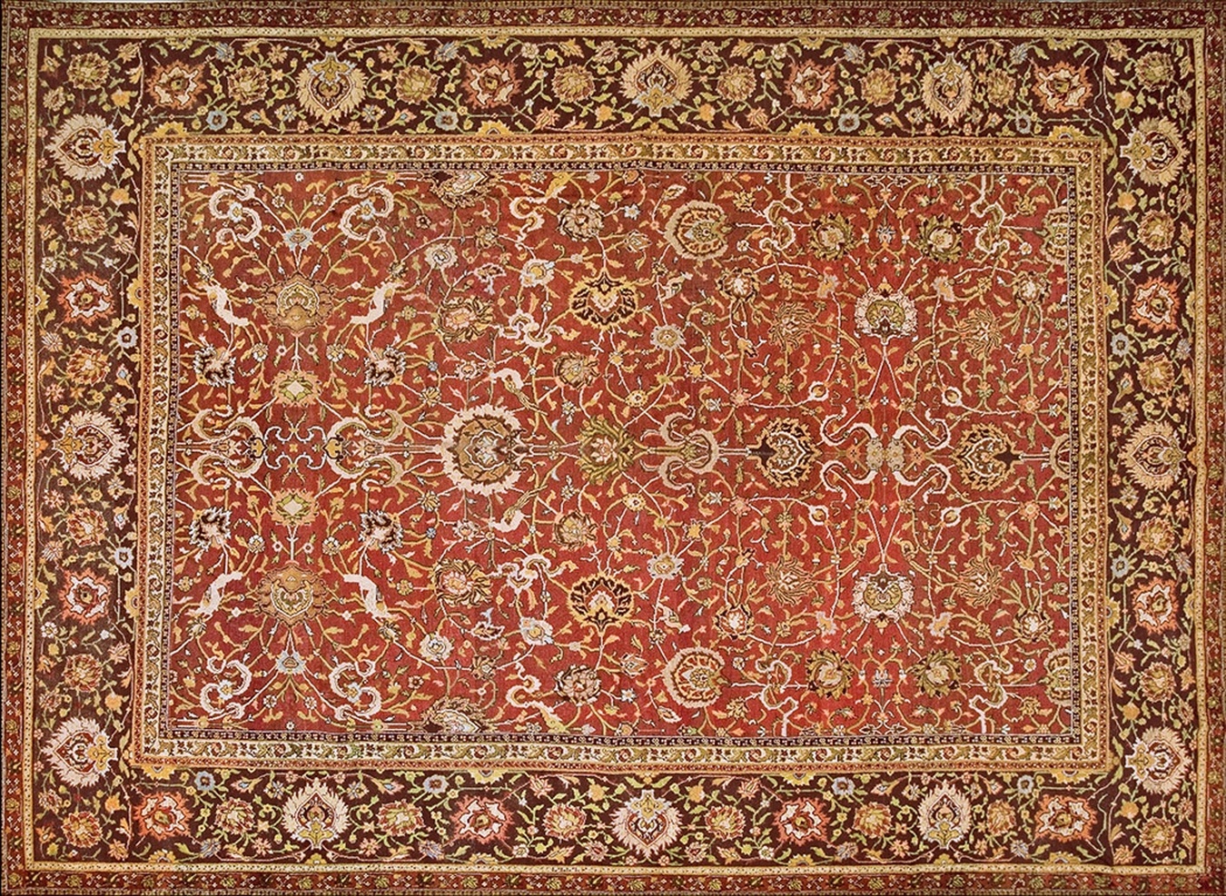 Hand-knotted antique wool islimi design rug displaying intricate geometric patterns in muted reds and blues - by rugs on net