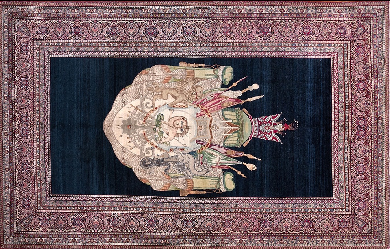 Full overhead view of an antique persian-style rug featuring worn maroon and blue geometric patterns - by rugs on net