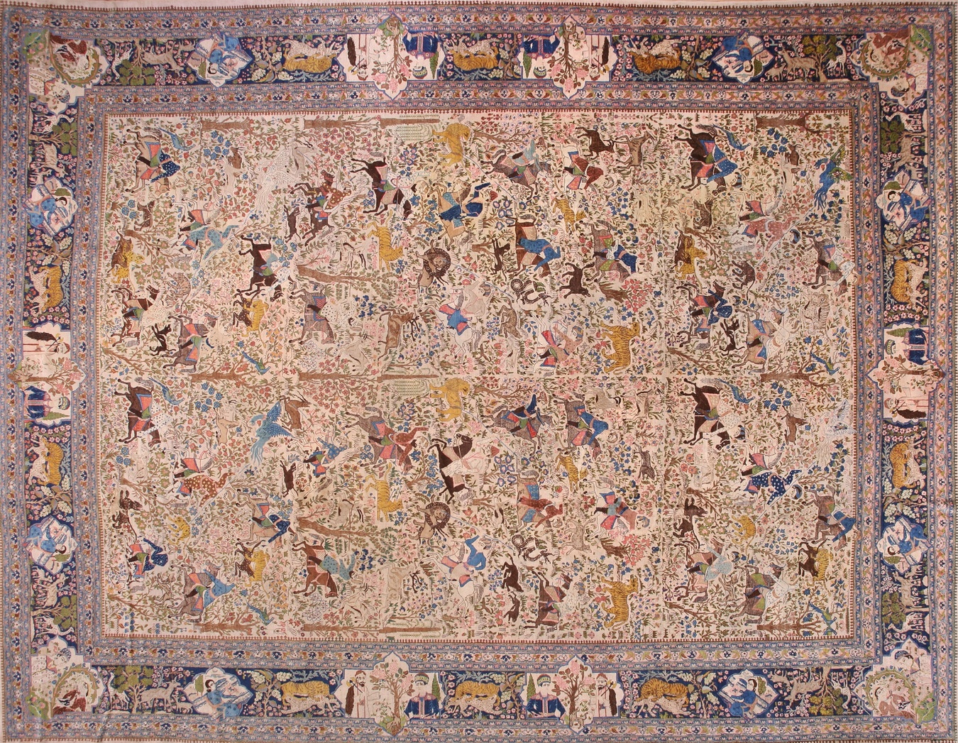 Full view of a distressed antique oriental rug featuring a complex central medallion and faded red and navy colors - by rugs on net