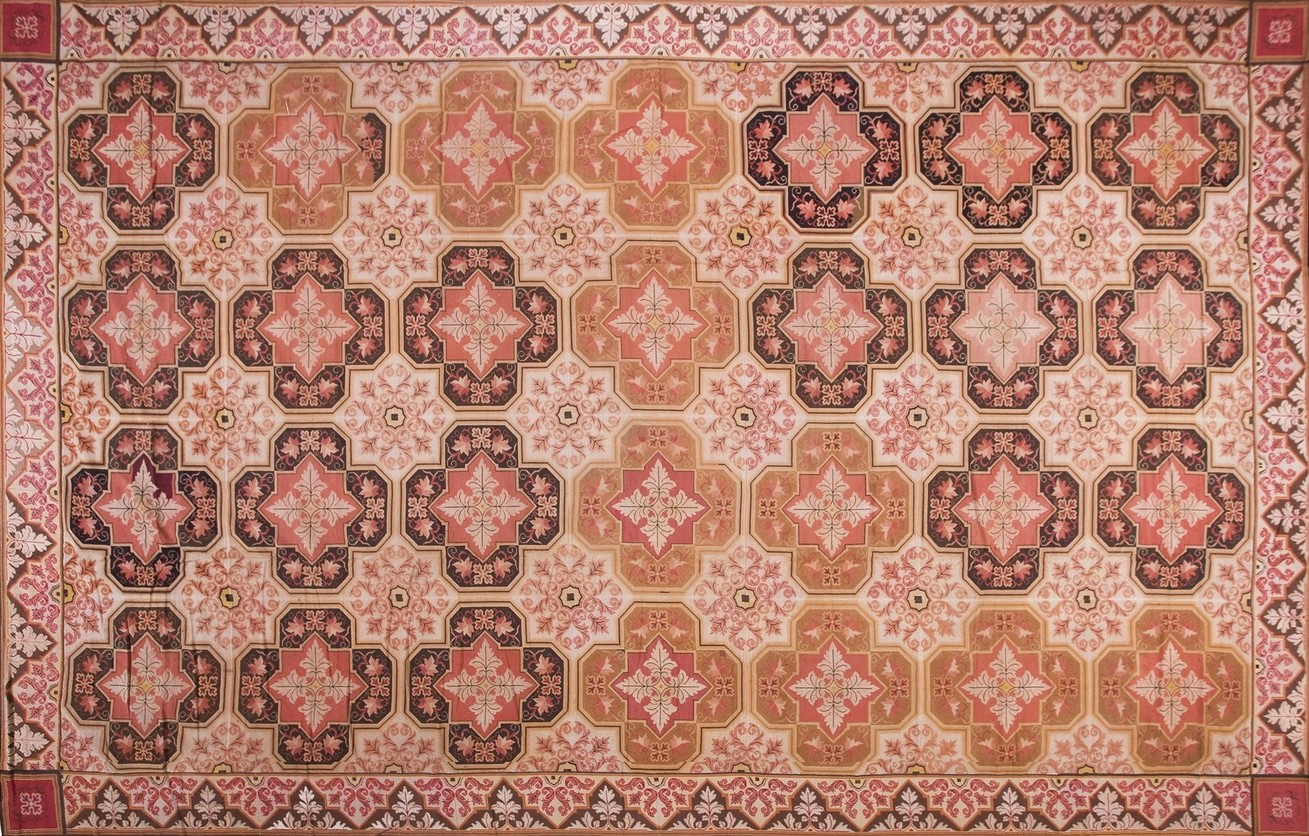 Handmade antique persian-style rug with muted crimson, navy, and beige traditional central medallion - by rugs on net