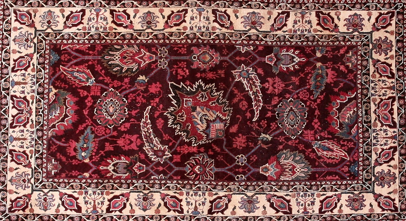 Full view of an antique coral and ivory agra indian rug from the 1880s - by rugs on net