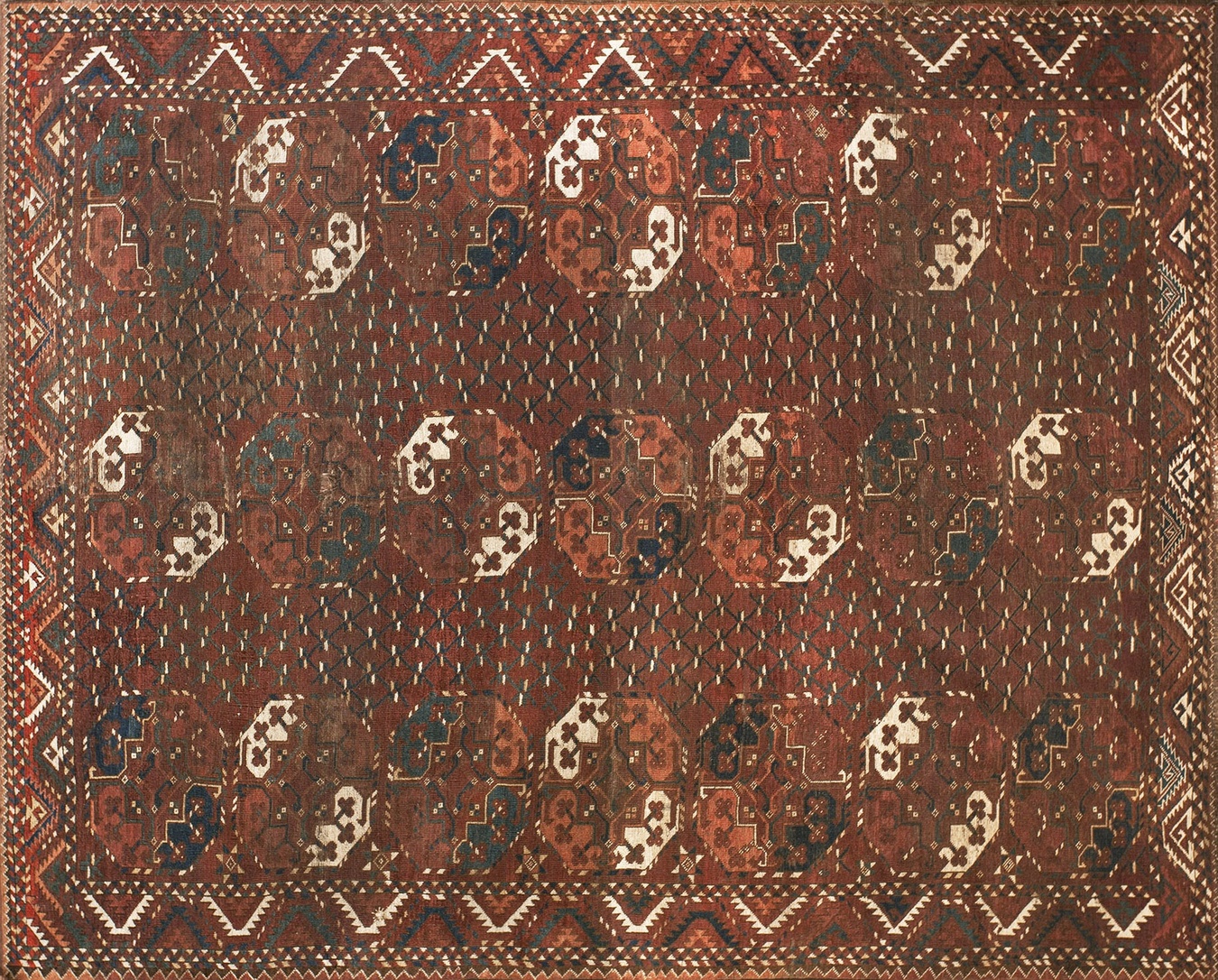 Antique allover geometric wool hand knotted pile coral / salmon pink 1860s rug - by rugs on net