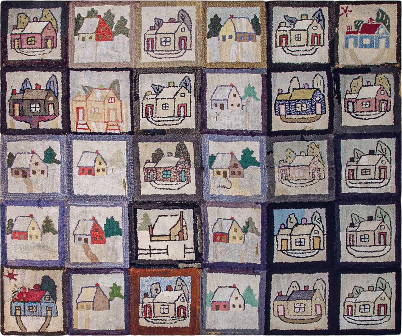 Full view of an antique american hooked rug featuring a bold geometric multicolor design 1880s - by rugs on net