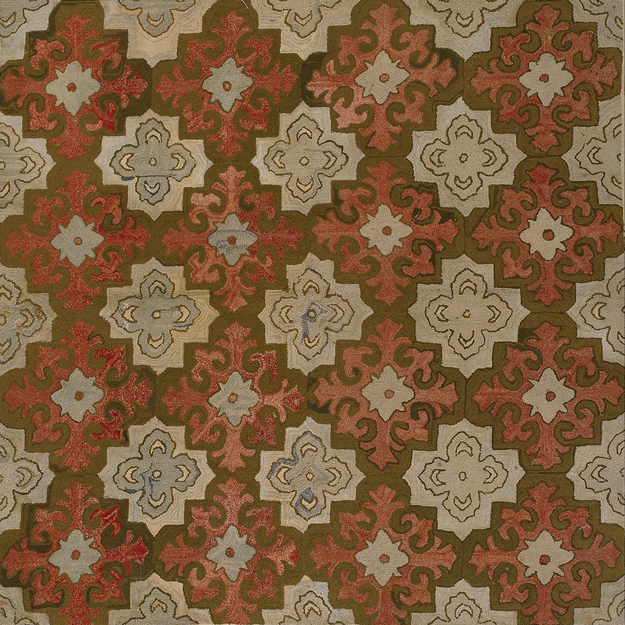 Antique american hooked rug displaying a hand-woven geometric pattern and distinct loop texture - by rugs on net