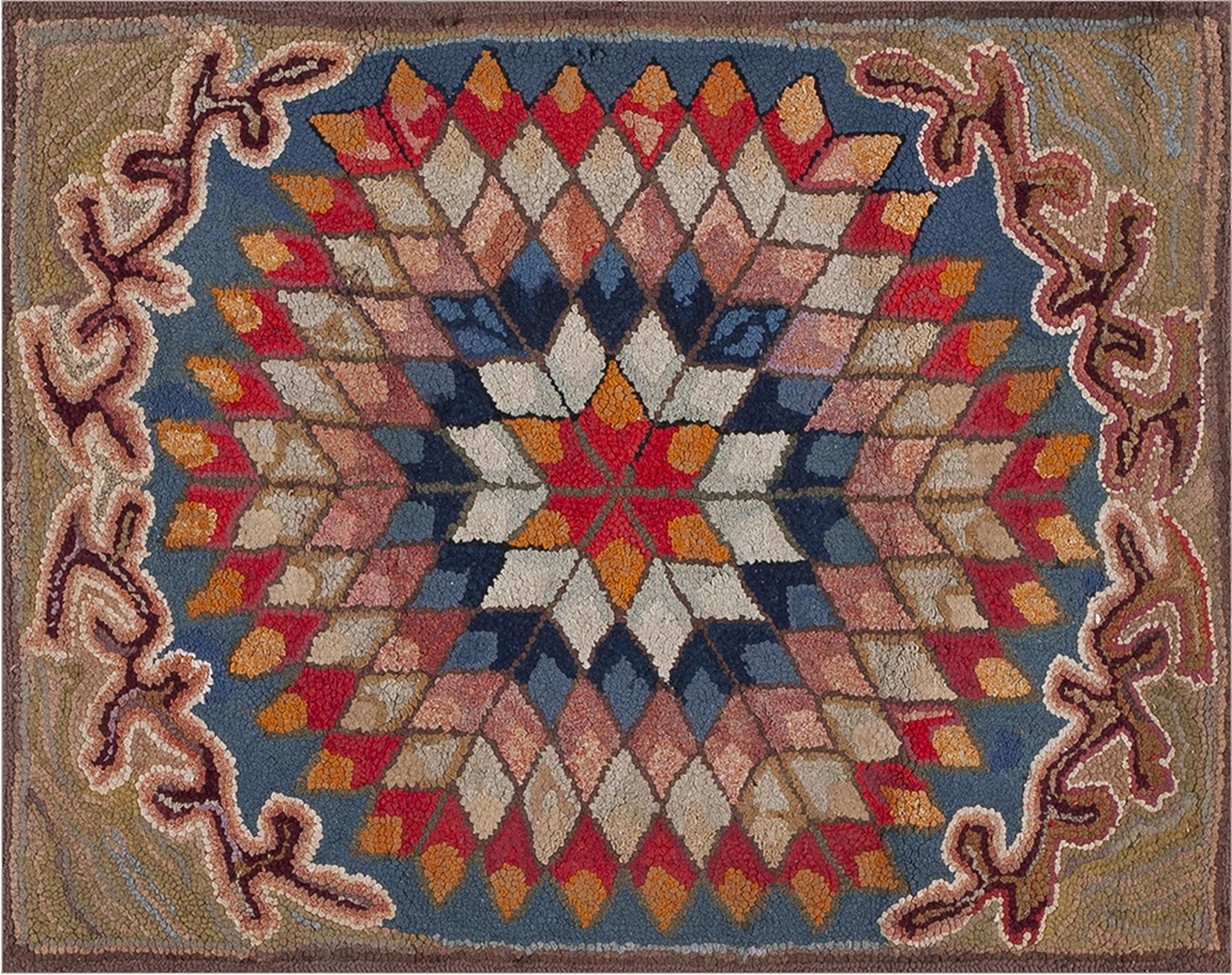 Antique american hooked wool and cotton scatter 6 pointed star rug showing a vibrant multicolor geometric pattern - by rugs on net