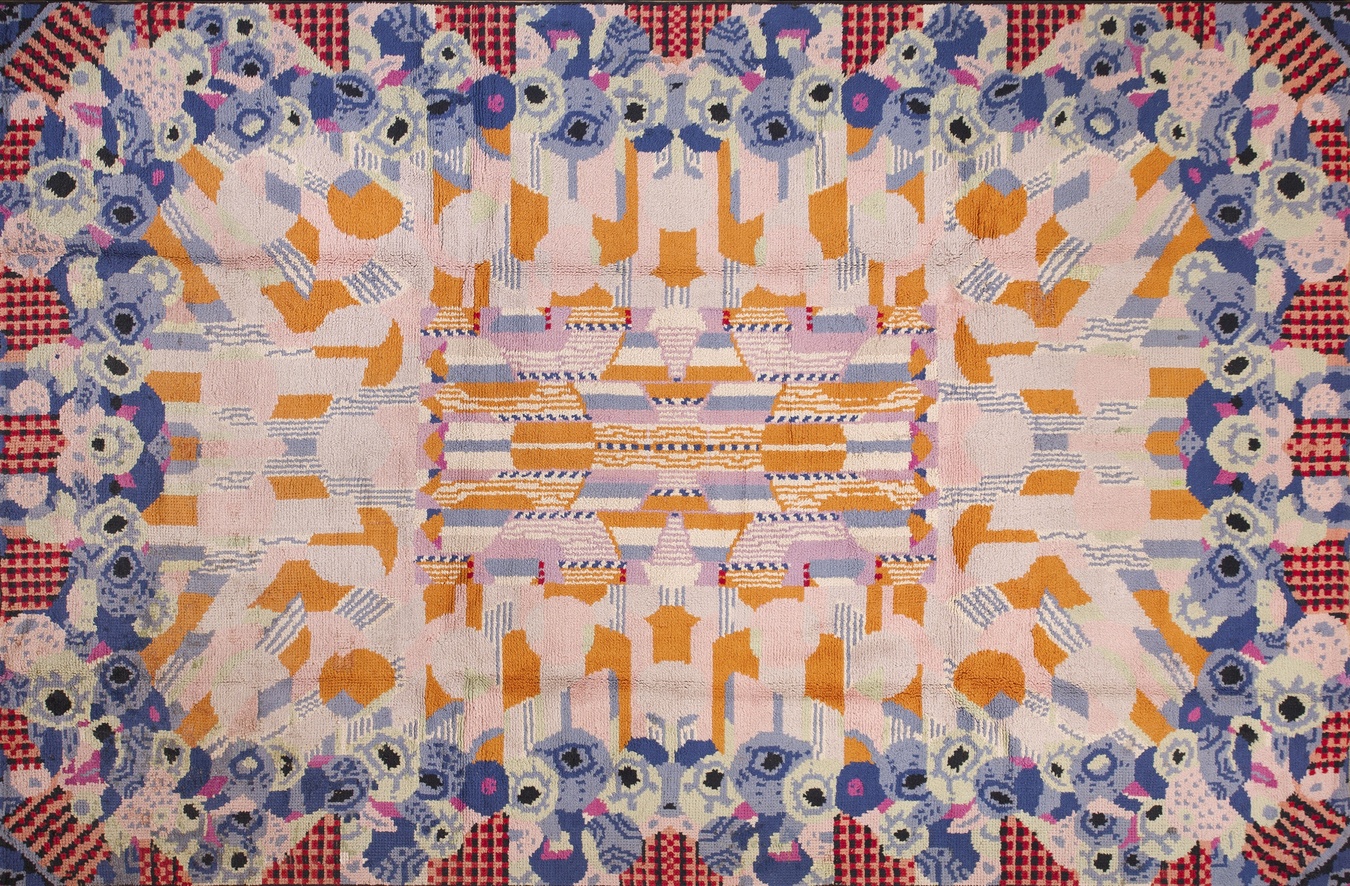 Antique french art deco hand-knotted pile rug displaying a distinct geometric medallion design - by rugs on net