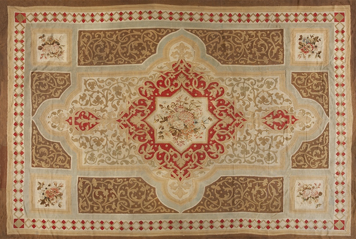 Antique french aubusson flat weave rug displaying an allover medallion pattern in pale colors - by rugs on net