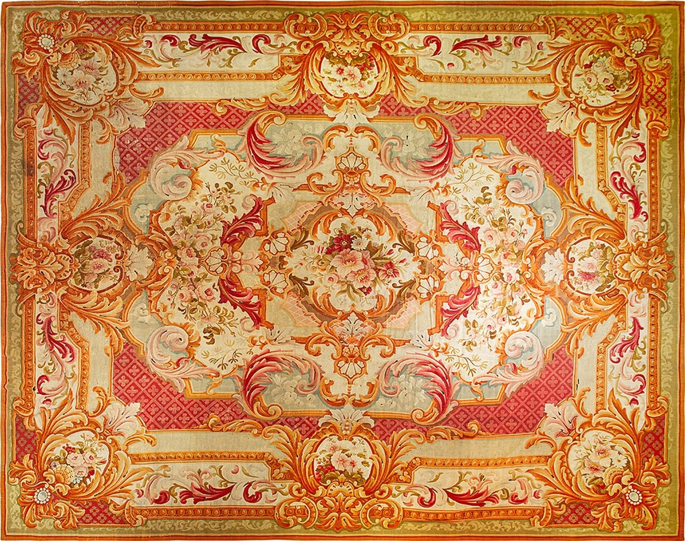 Large antique french aubusson flat weave rug featuring a pastel floral medallion pattern - by rugs on net
