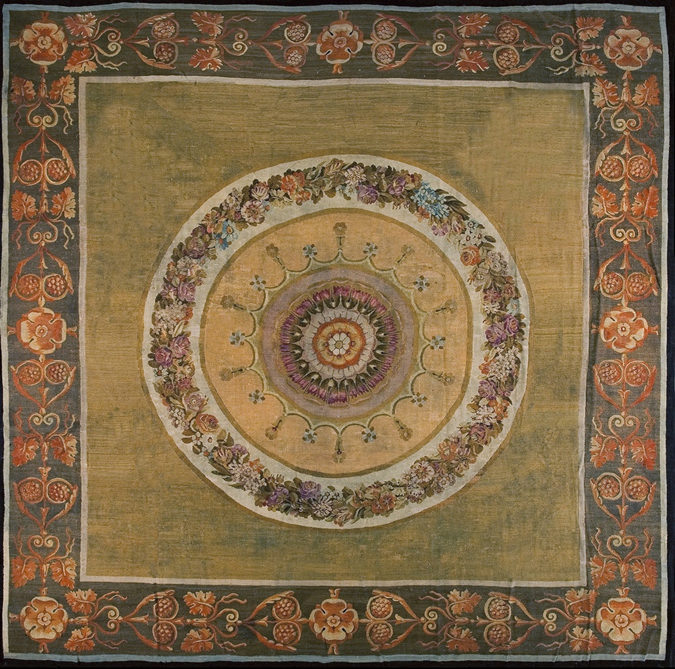 Overhead shot of antique aubusson rug 19050 showing the muted pastel floral design - by rugs on net